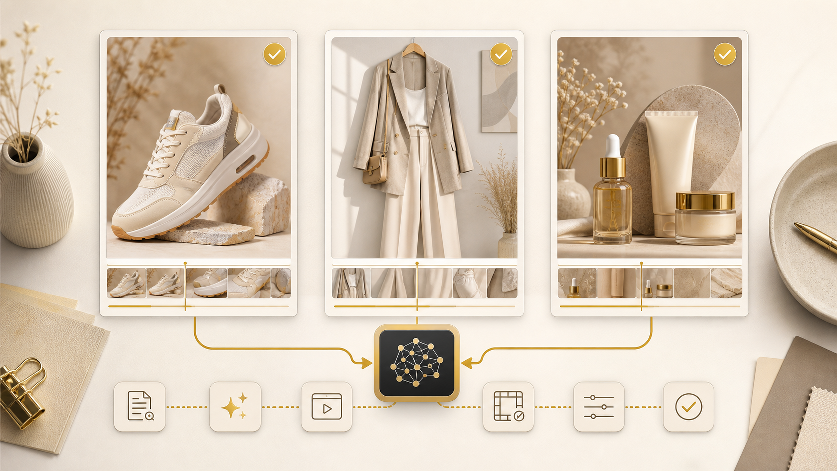 AI workflow producing short product videos for shoes, fashion, and beauty