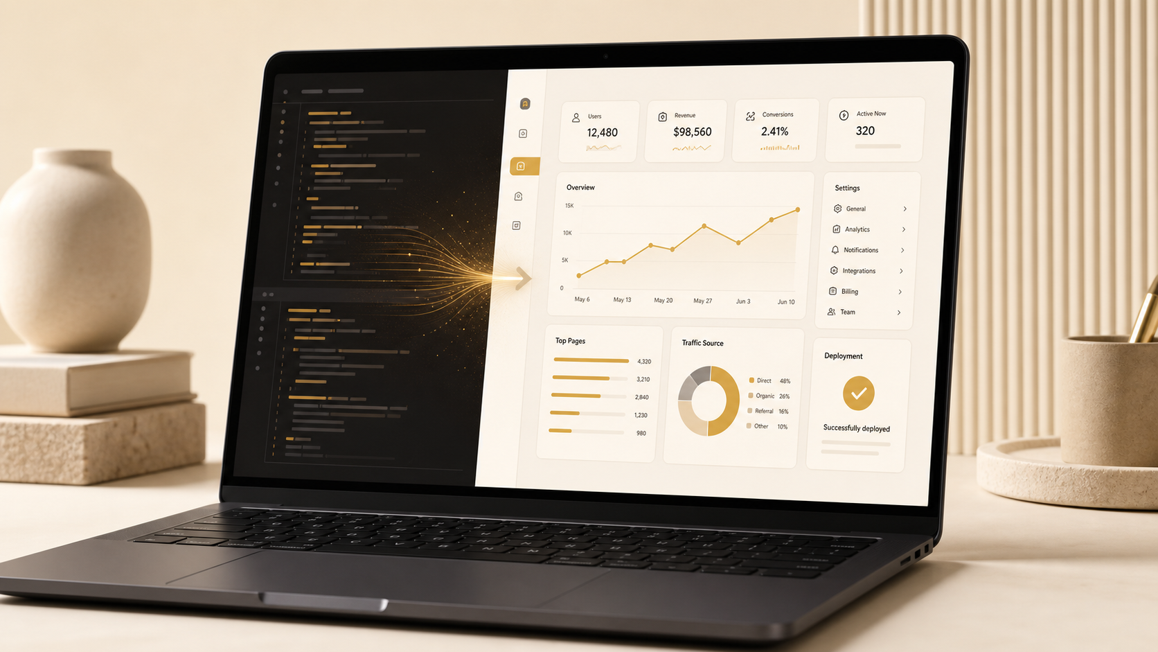 Code turning into a deployed SaaS analytics dashboard
