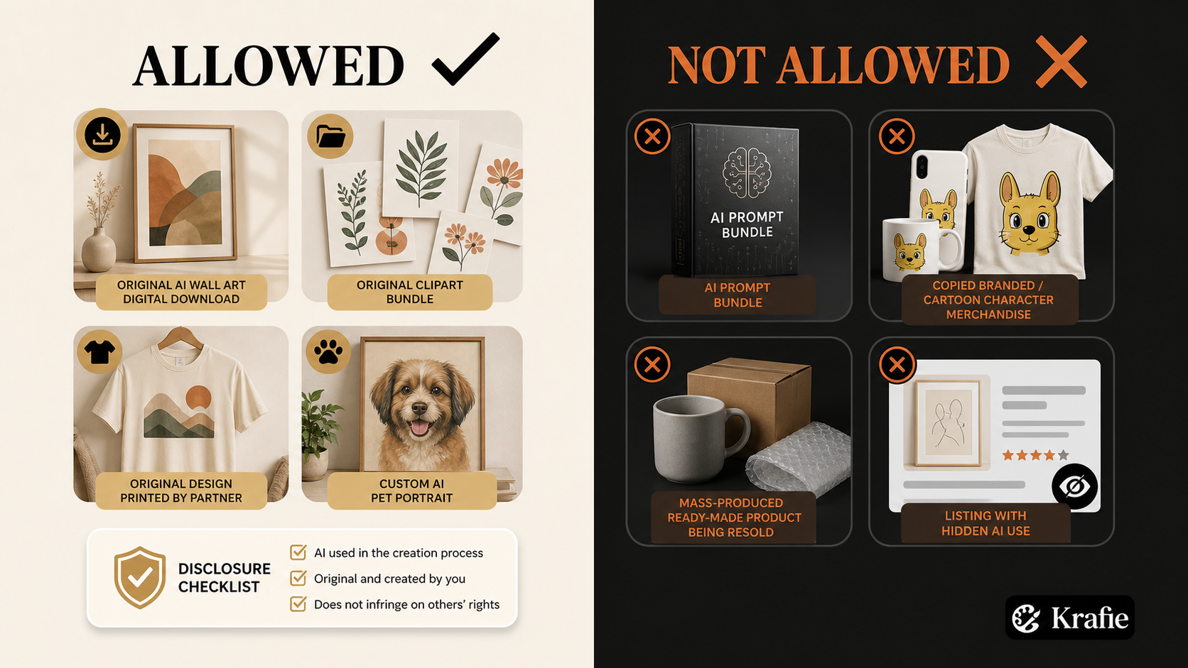 Examples of AI products allowed and not allowed on Etsy