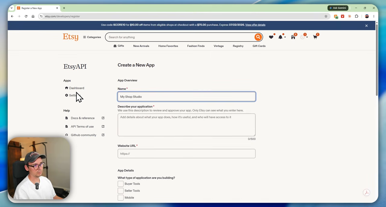 Etsy Developer Portal form for registering a private seller app with a name, description, website URL, and application type