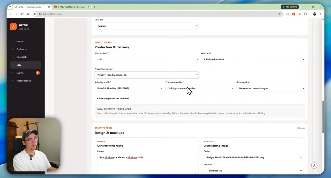 Custom Etsy listing form with production, shipping, processing, return-policy, AI design, and mockup fields