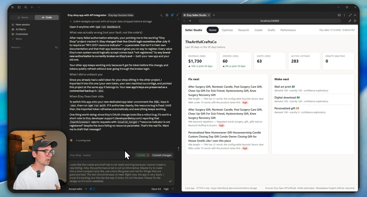 Claude debugging a local Etsy seller dashboard beside the running app with revenue, orders, listings, SEO fixes, and product ideas