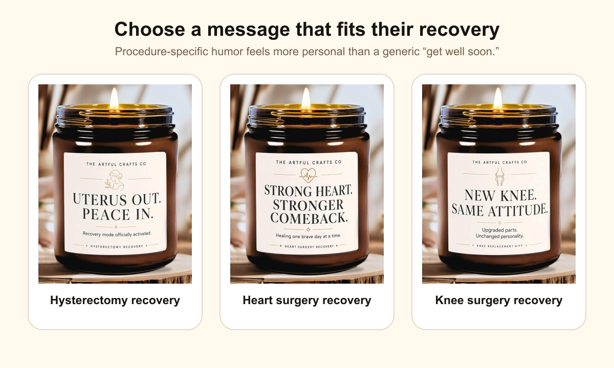 Three recovery candles for hysterectomy, heart surgery, and knee replacement gifts