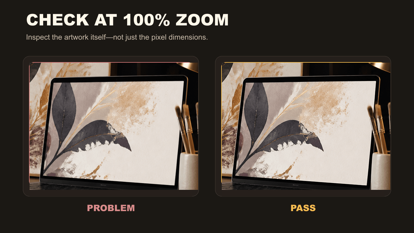 Before-and-after 100 percent zoom inspection showing pixelated printable art compared with a clean upscaled result