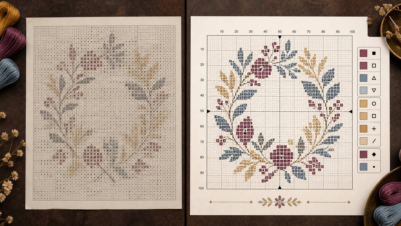 Comparison of a cramped low-contrast cross-stitch chart and a clean chart with large symbols, numbered grid lines, center marks, and a clear key
