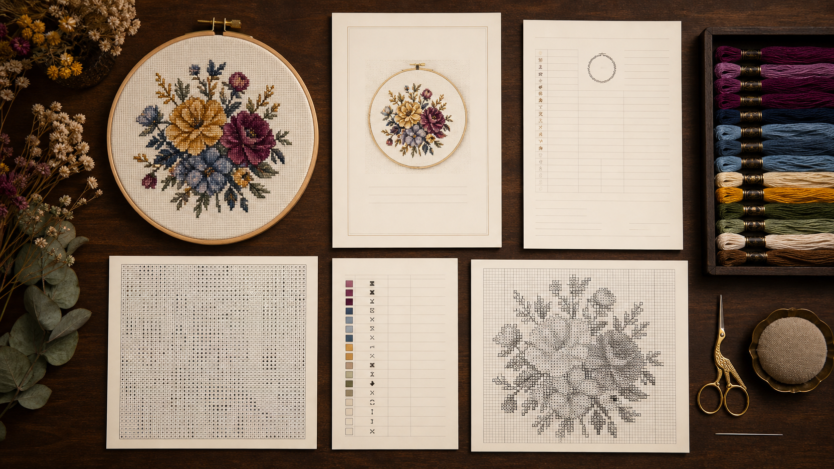 Finished floral cross-stitch beside example PDF pages for a cover, specifications, symbol key, color chart, and printable pattern