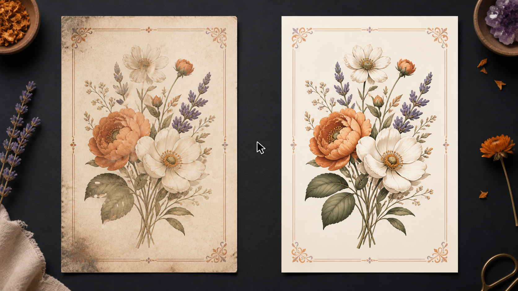 Before-and-after floral printable showing a faded raw AI image beside a clean, sharp, print-ready edited version