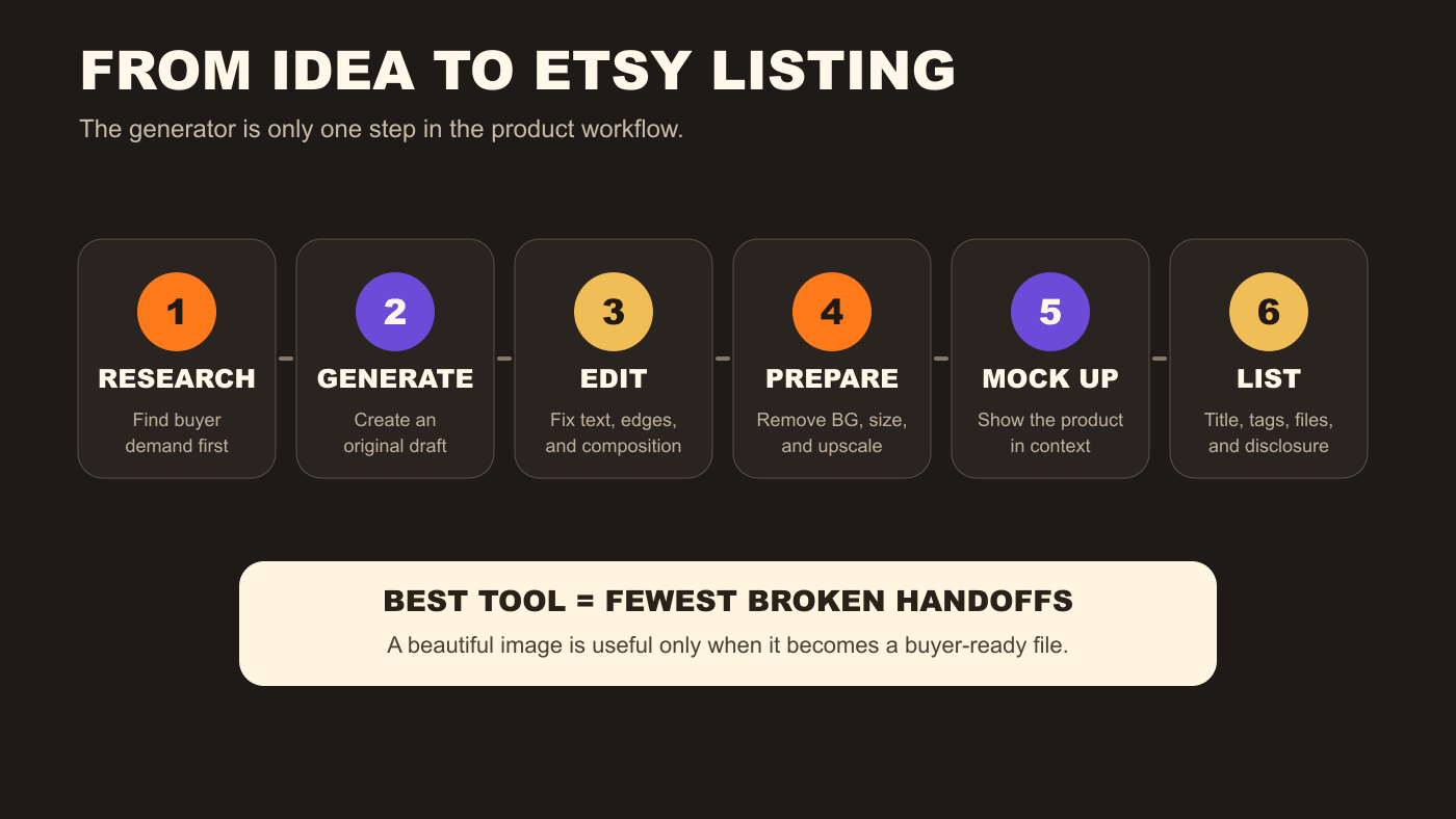 Six-step Etsy AI product workflow covering research, generation, editing, file preparation, mockups, and listing creation