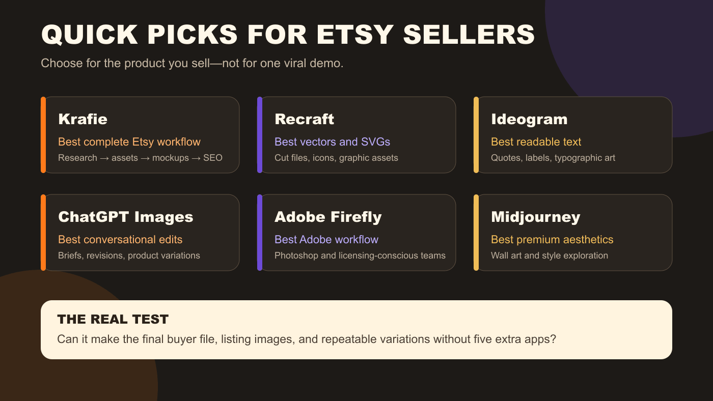 Quick comparison of six AI image generators for Etsy sellers and the product workflow each tool is best suited for