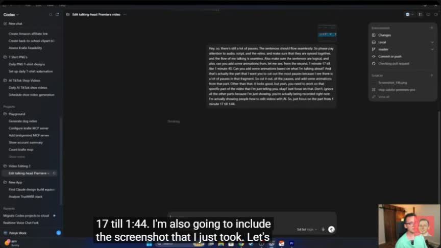 Codex receiving timestamped feedback for a Premiere Pro edit and an animation request