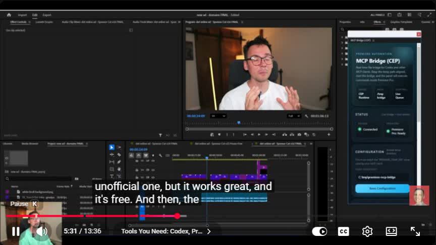 Adobe Premiere Pro with the MCP Bridge panel connected and a talking-head sequence open