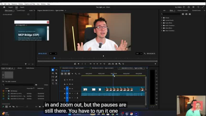 Premiere Pro timeline after the first Codex editing pass with cuts across the talking-head footage