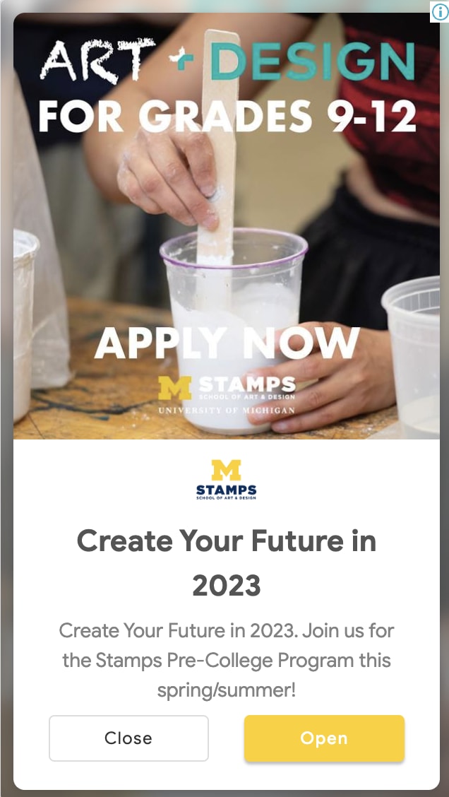 Google display ad that reads Apply Now U-M Stamps Create Your Future in 2023 with a photo of someone mixing paint in a cup