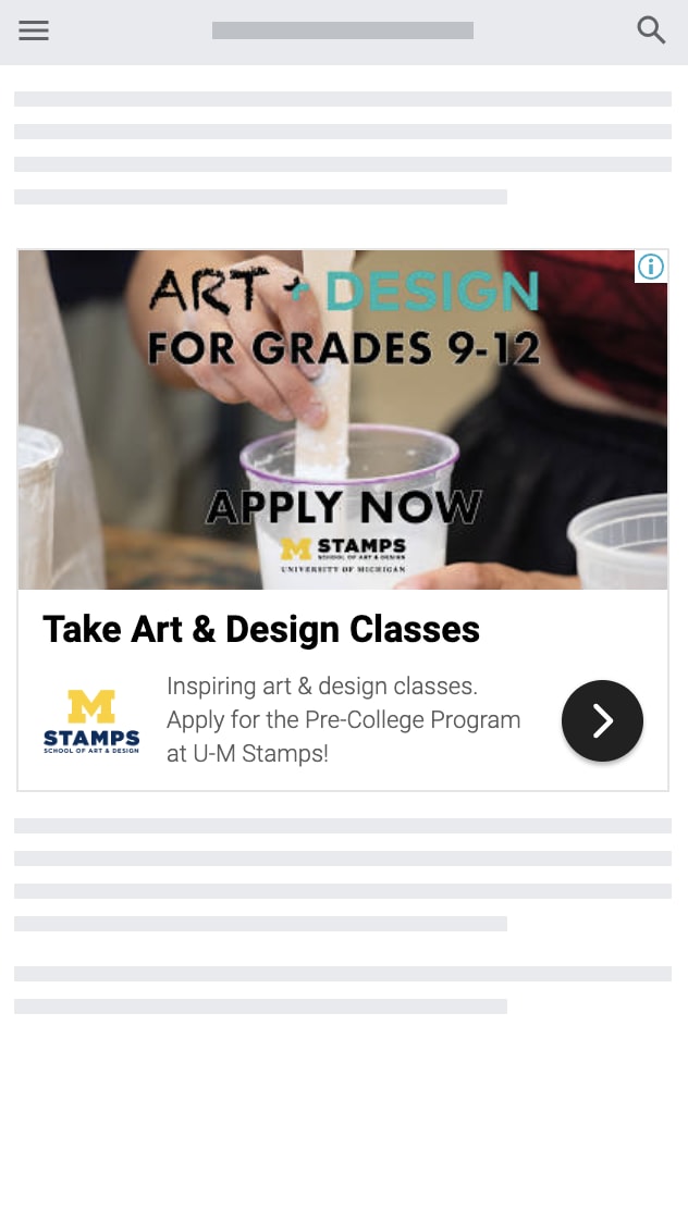 Google Display ad promoting Stamps art and design classes for grads 9-12