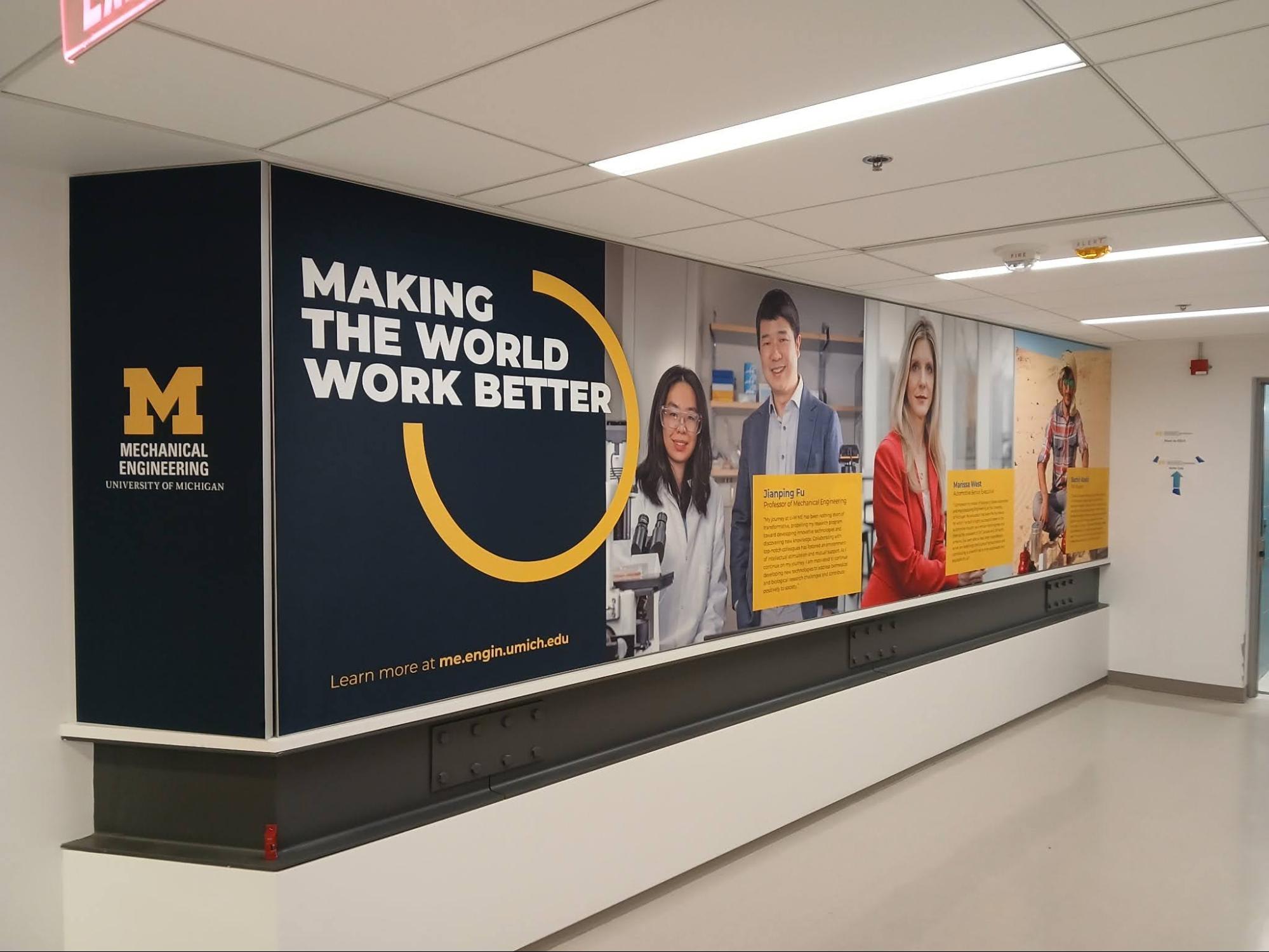 The ground floor glass display case was updated with a framed fabric graphic highlighting three new "Share Your Stories" profiles, featuring one student, one alum and one faculty member. These profiles offer deeper insights into their unique journeys, and contributions focused on their ME experiences.