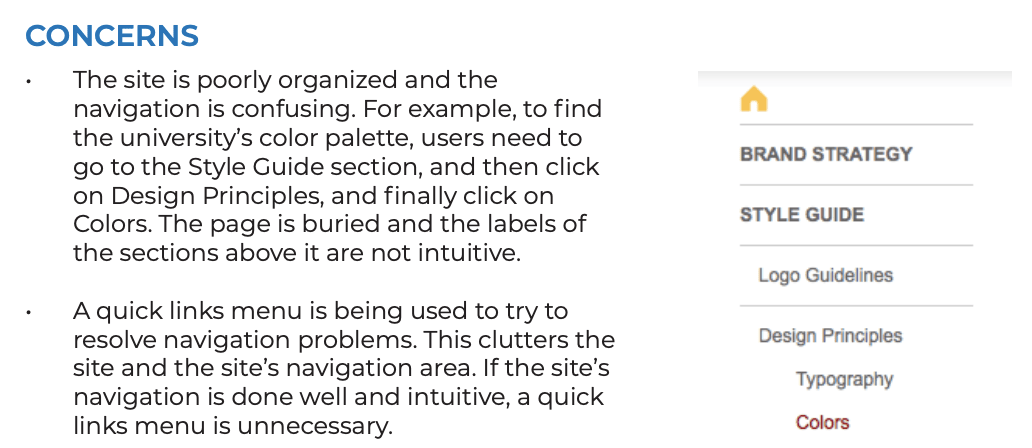 A screen from an expert review of brand.umich.edu prior to the site’s redesign