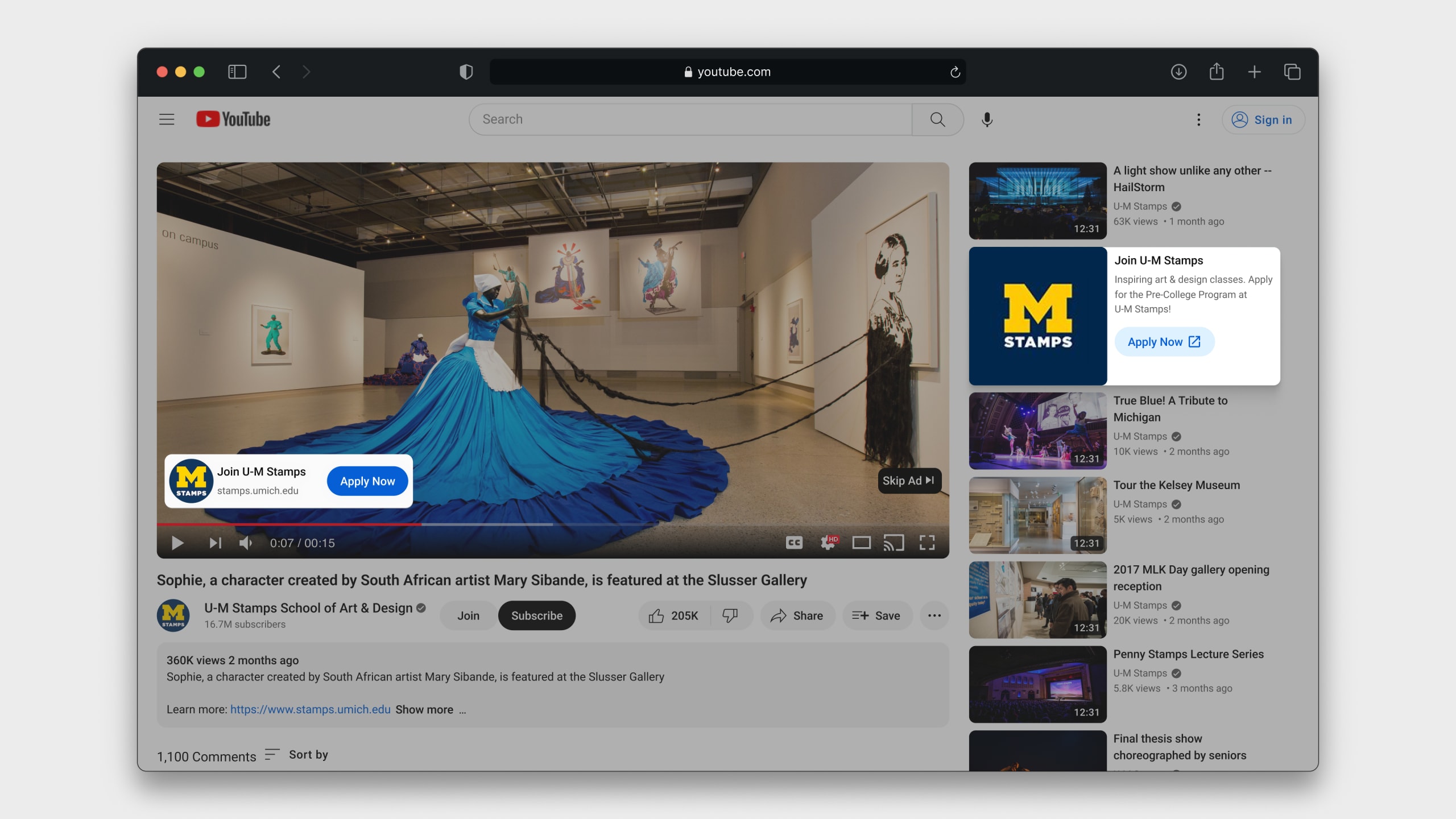 A display of the YouTube interface with a series of advertisements for STAMPS School of Art and Design highlighted