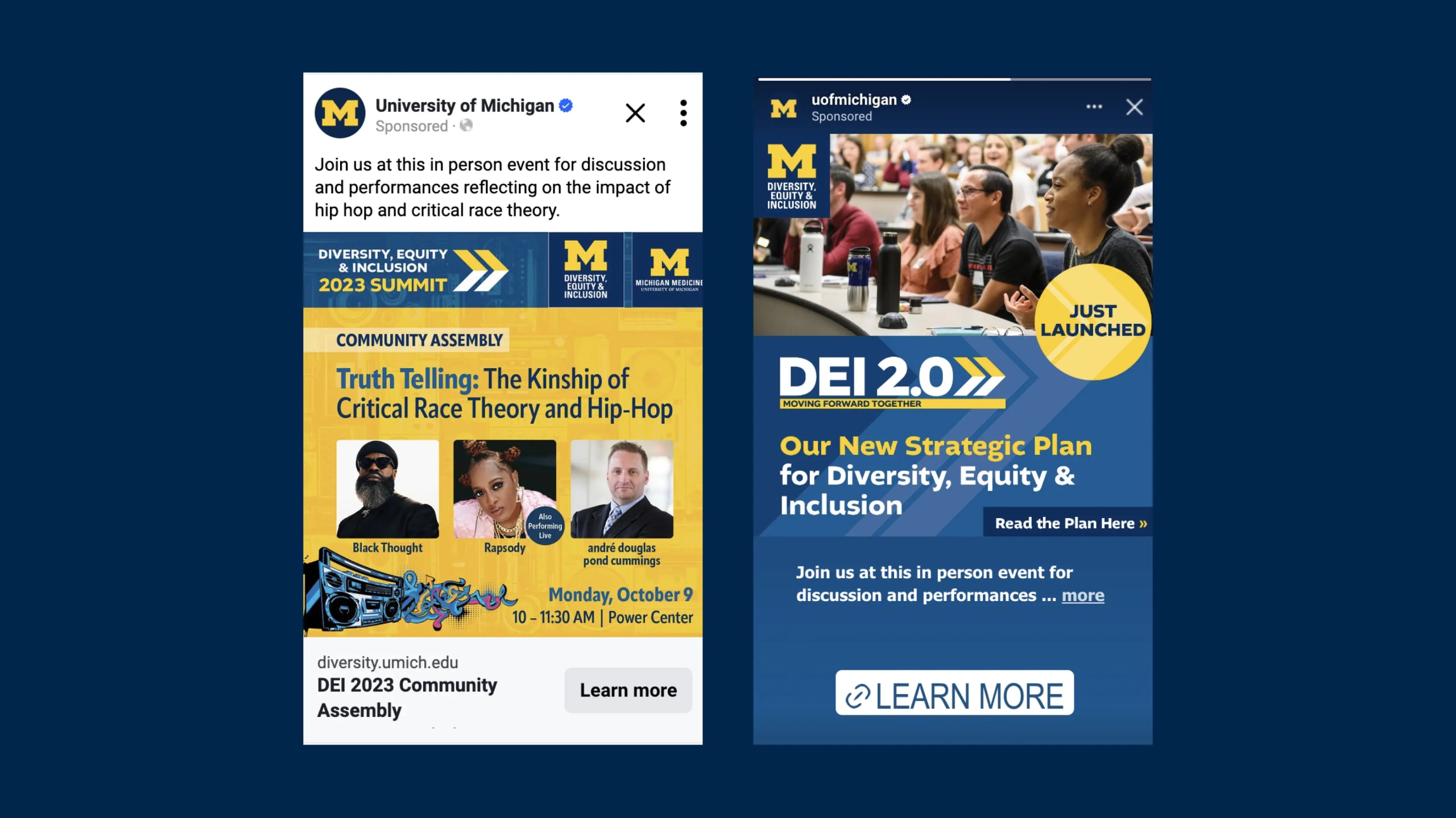 Two digital ads for the Meta platform connected to the DEI 2.0 plan