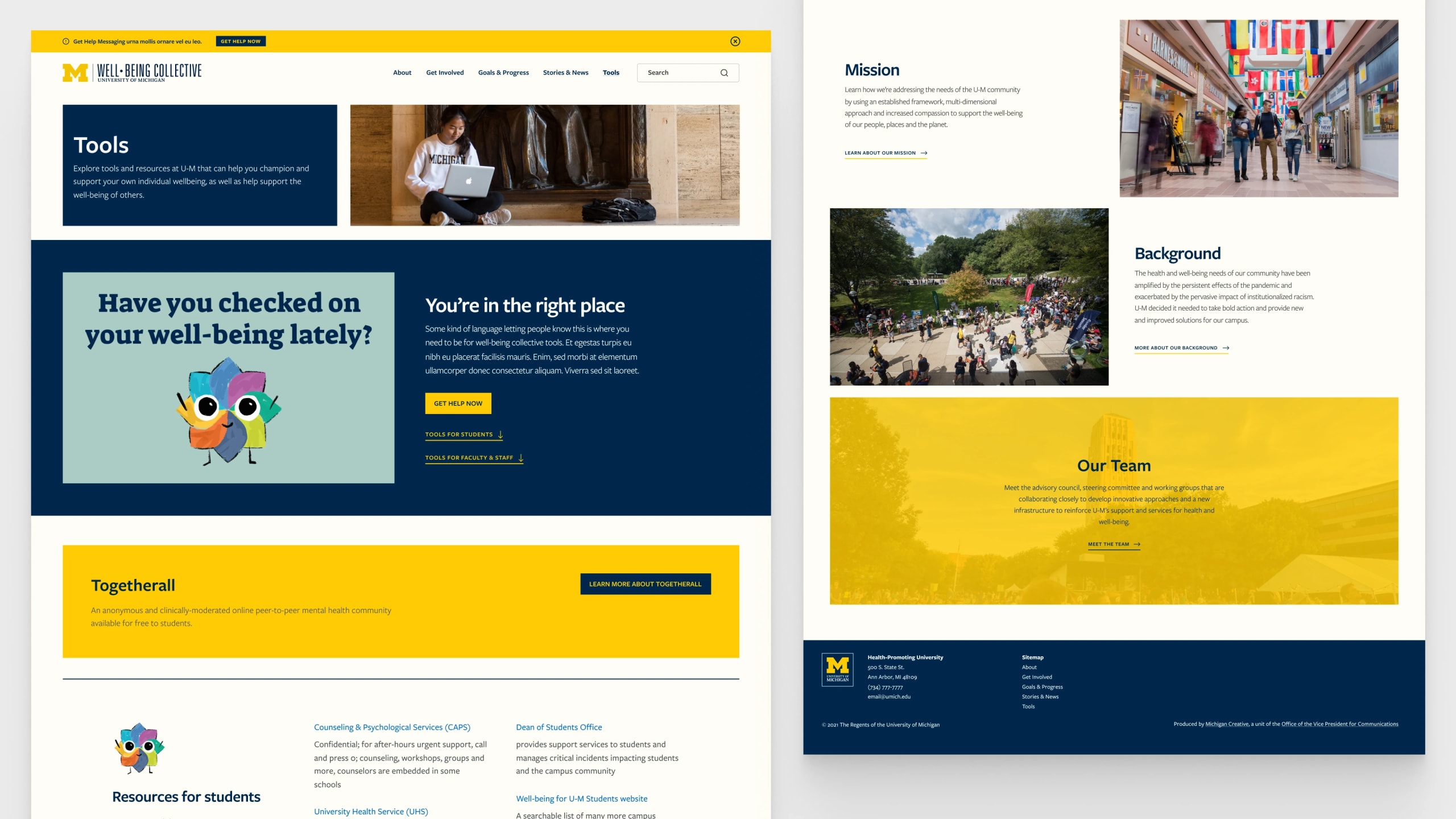Two desktop sized layouts for the well-being collective website