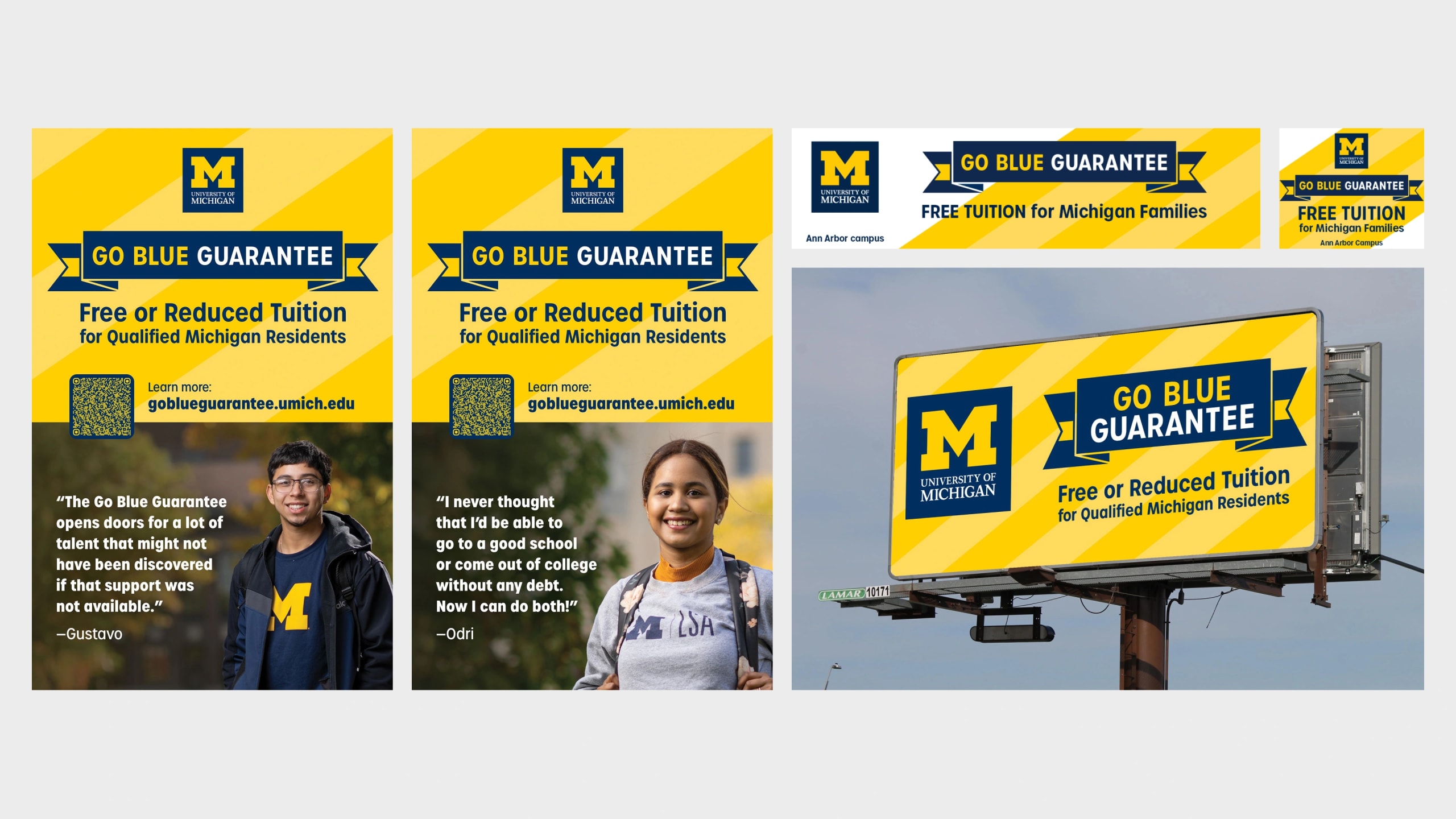 A collection of print and digital ads for the Go Blue Guarantee campaign