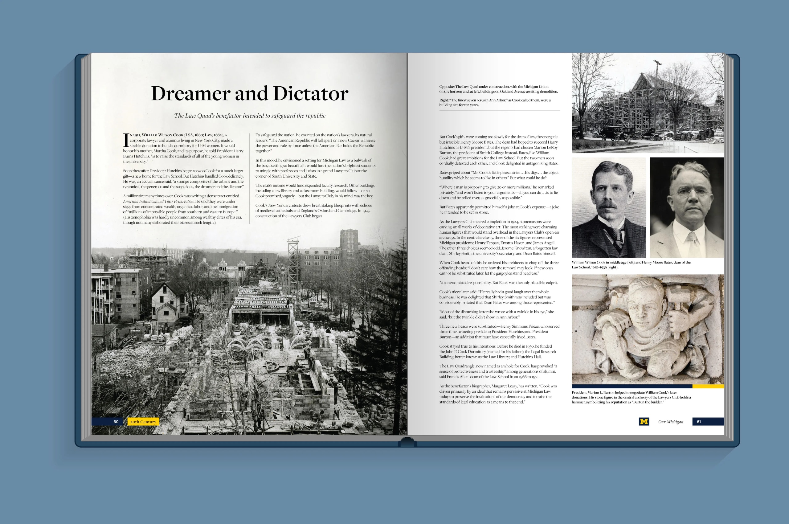 A spread showcasing two page designs from the Our Michigan book