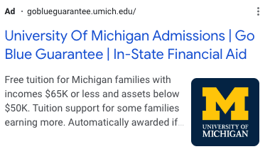 An example of a paid Google ad for the Go Blue Guarantee