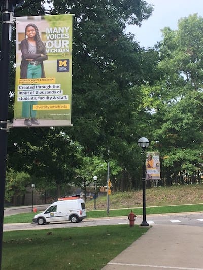 A sidewalk with DEI banners on the lightpoles