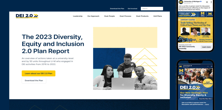 A set of mockups showing the DEI 2.0 plan website and two ads that accompanied the site.