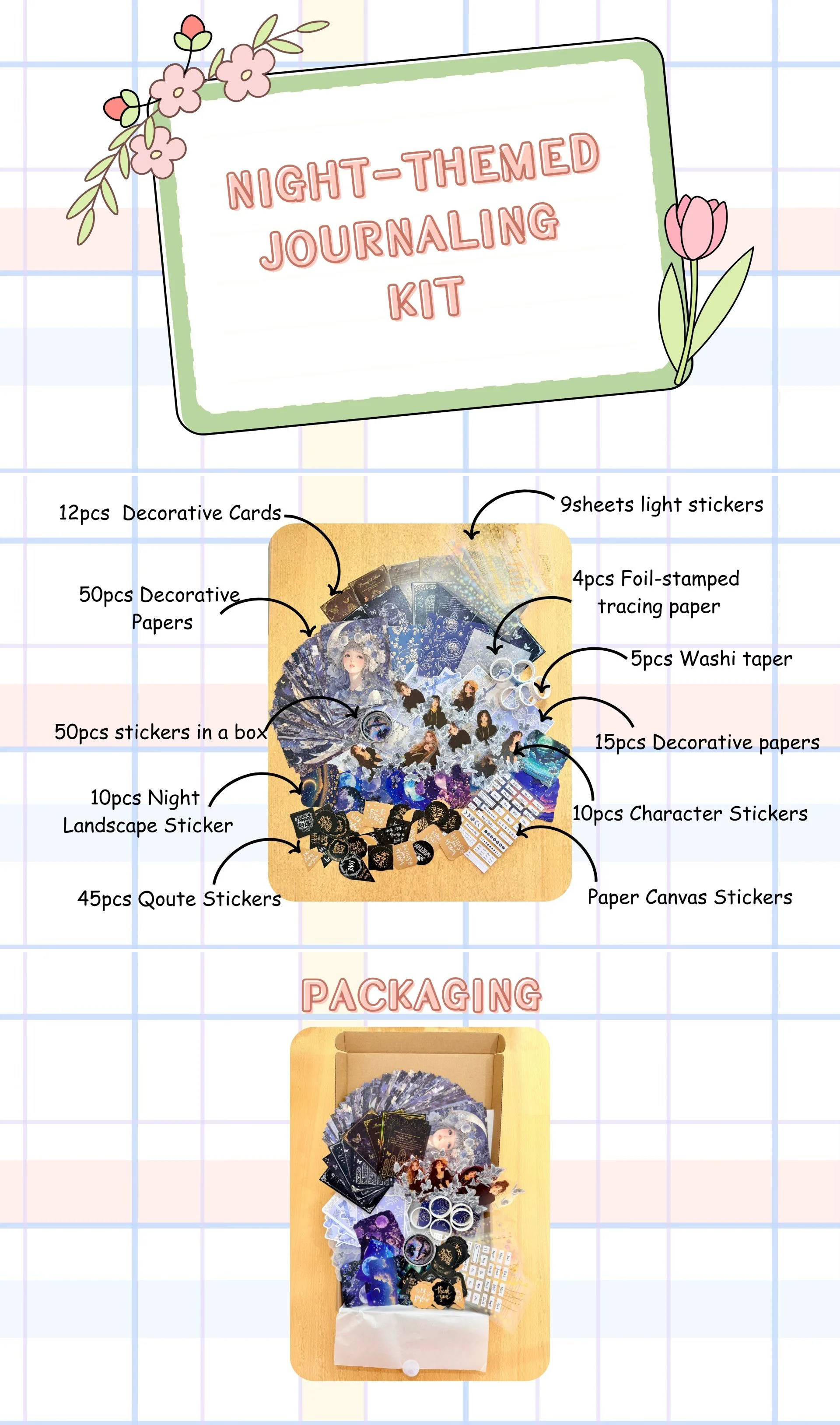 Scrapbook / Journal Kit | Stickers, Washi Tapes & Background Papers | Midnight Whimsy