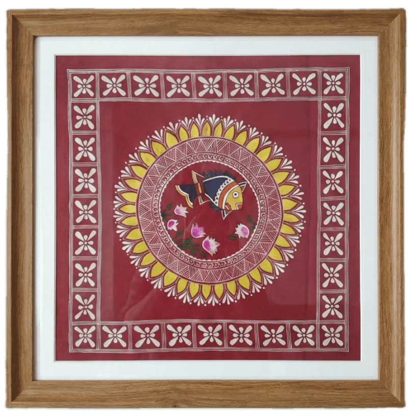 Hand-Painted Aipan Fish & Lotus Mandala Decor.