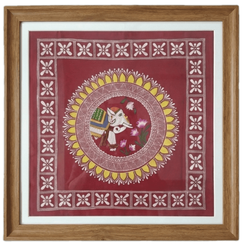 Handpainted Aipan Elephant & Lotus Maroon Art