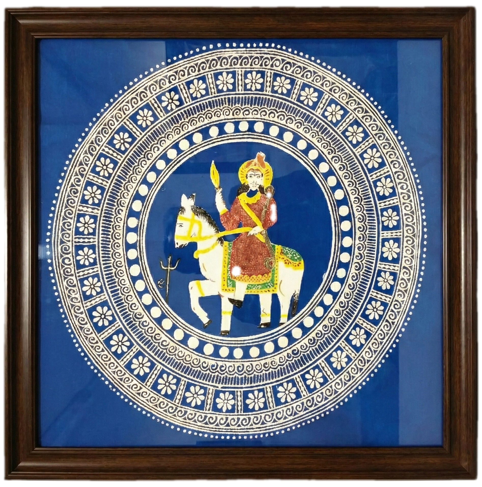 Kumaoni Aipan Framed Art: Golu Devta on Horse Mandala Motif