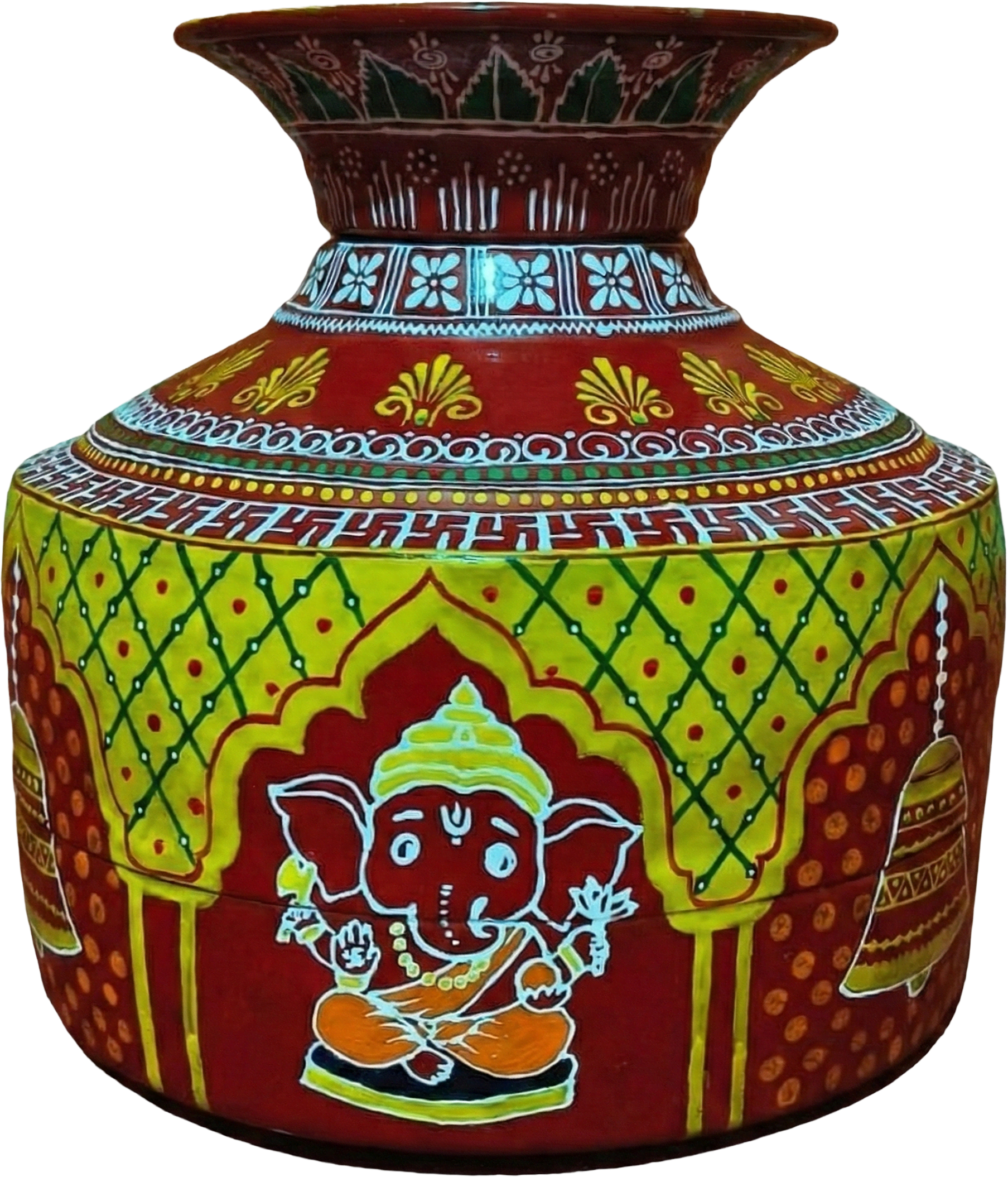 Aipan Art Ganesha Kalash Pot with Swastika and Geometric Motifs