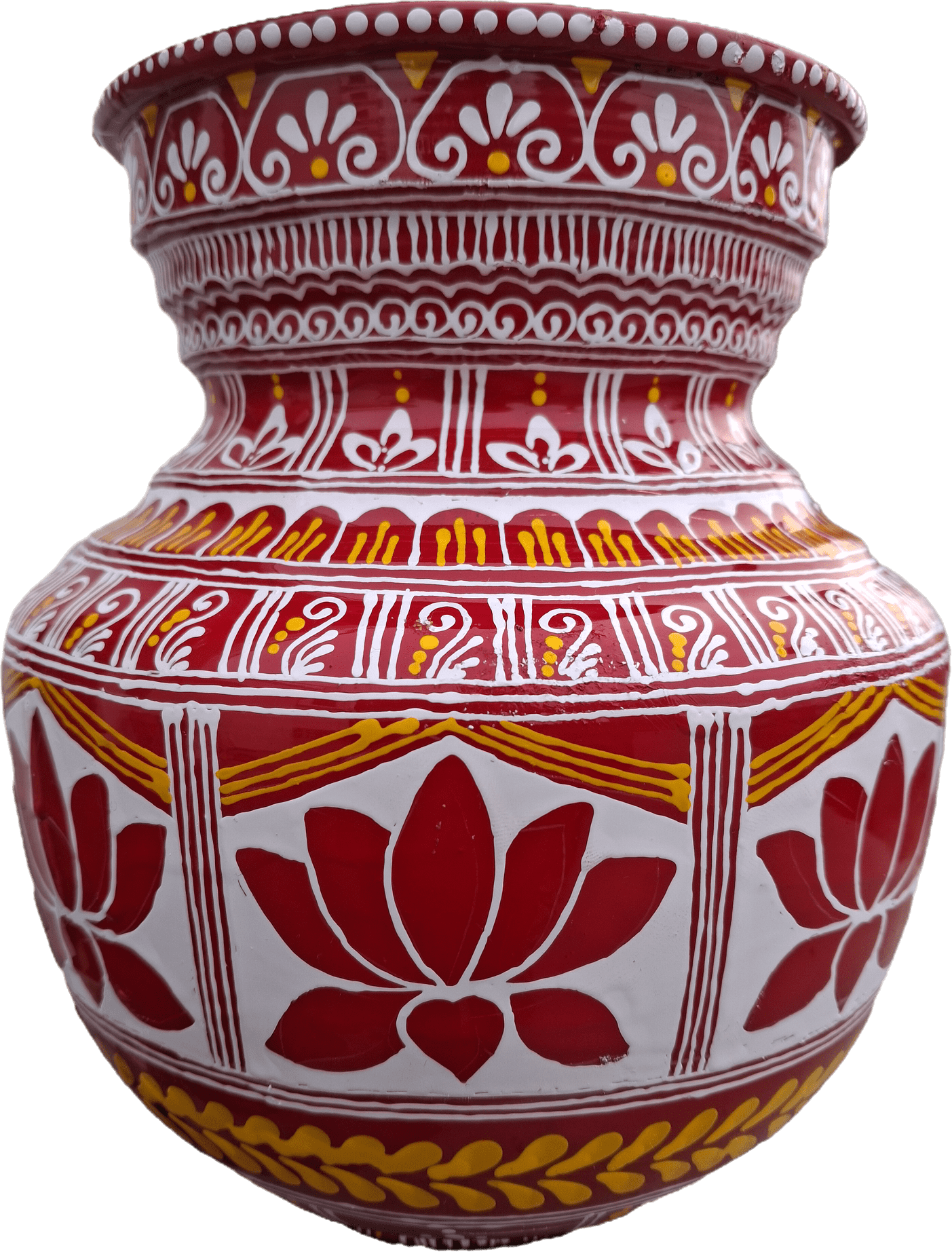 Aipan Art Terracotta Kalash with Lotus and Geometric Motifs