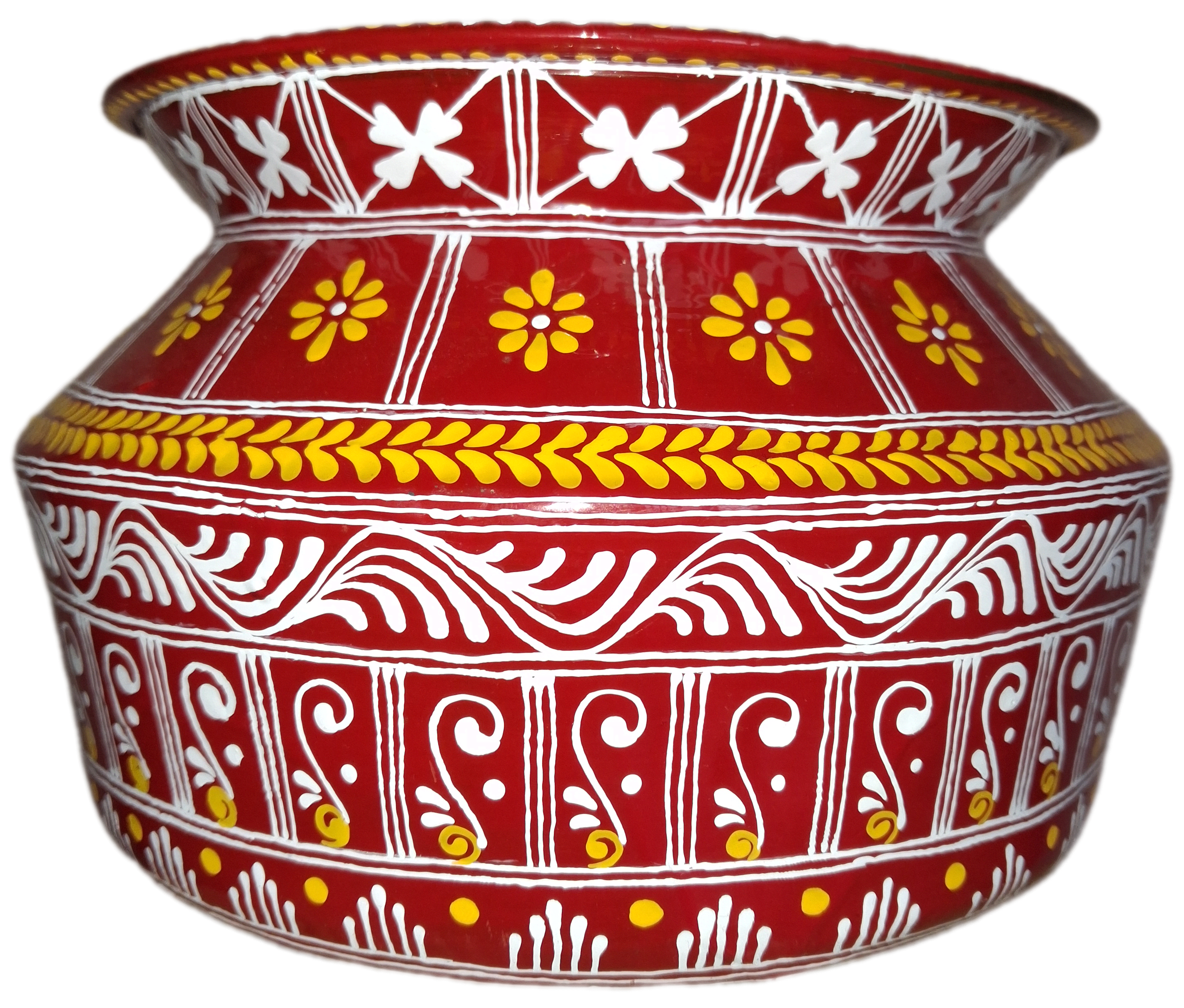 Aipan Hand-Painted Kalash Pot with Auspicious Geometric and Floral Patterns