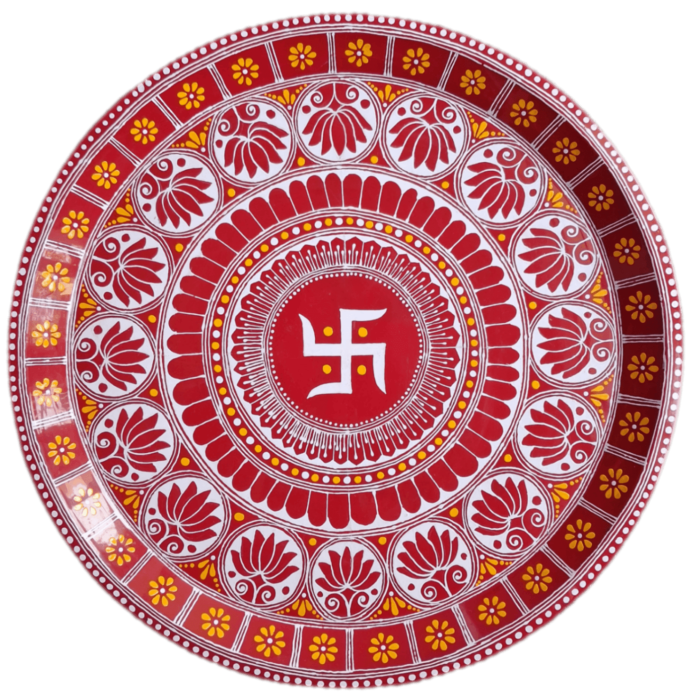 Hand-Painted Puja Thali with Auspicious Swastik and Lotus Motifs
