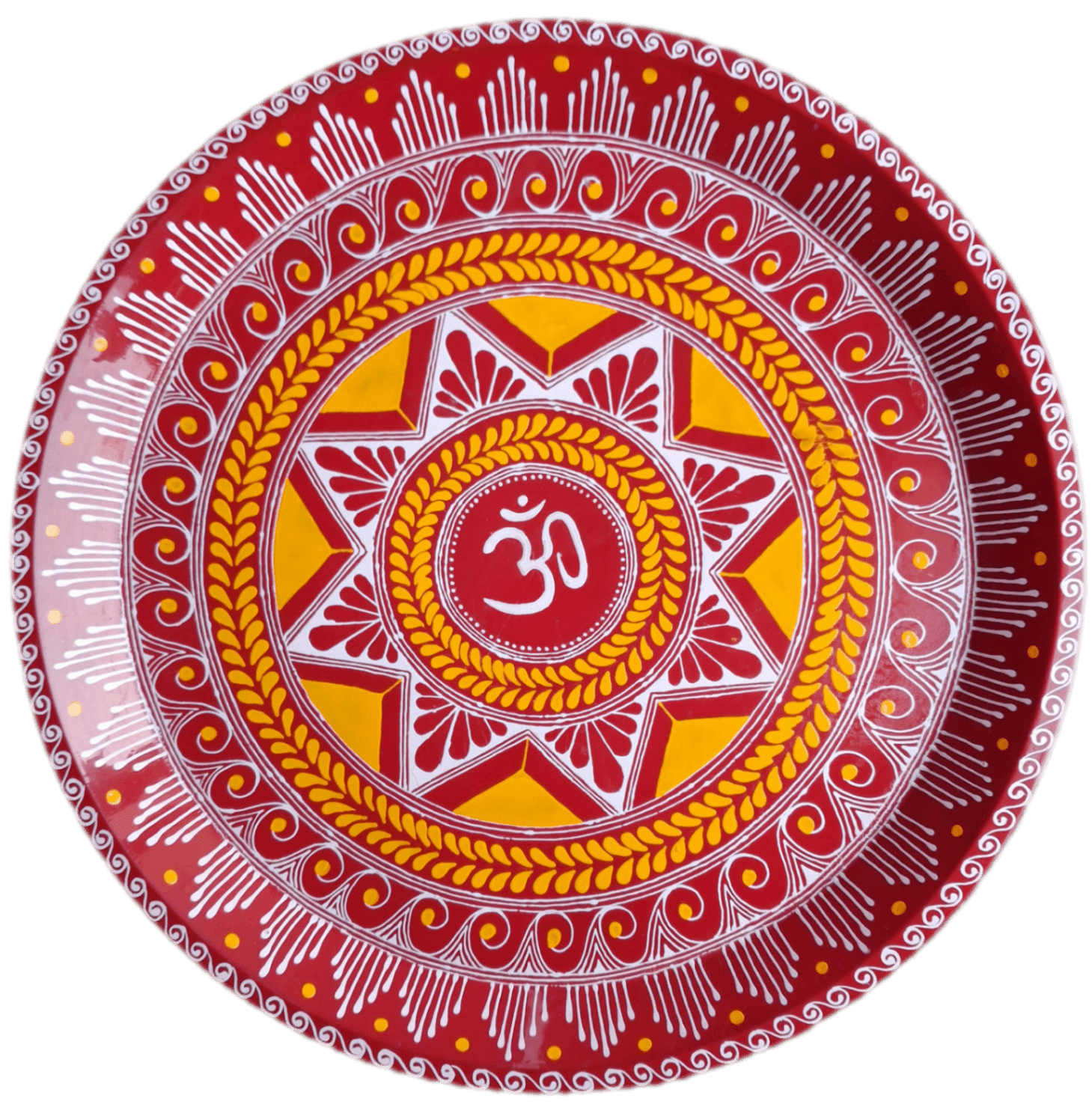 Hand-painted Puja Thali with Om and Traditional Aipan Motifs
