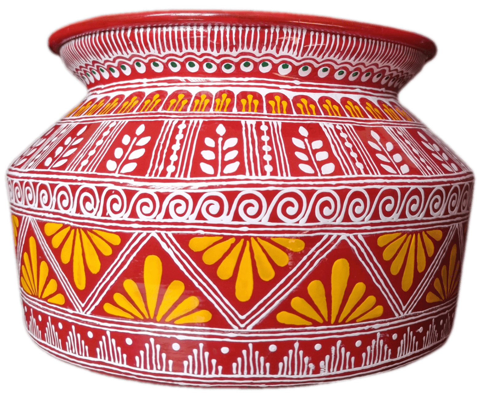 Hand-Painted Aipan Decorative Pot with Auspicious Spirals and Fan Motifs