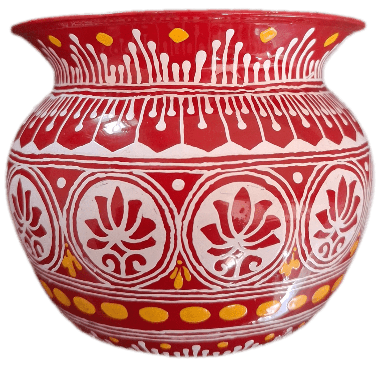 Aipan Style Hand-Painted Lota with Lotus and Geometric Motifs