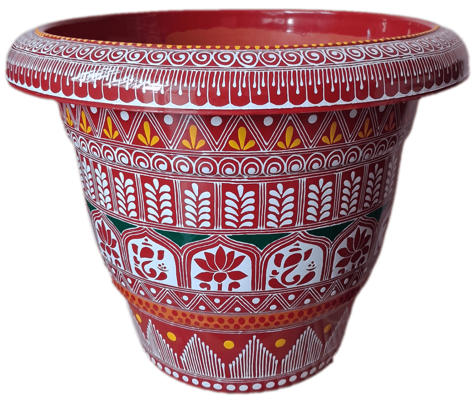 Hand-Painted Aipan Tulsi Pot with Ganesh and Lotus Motifs