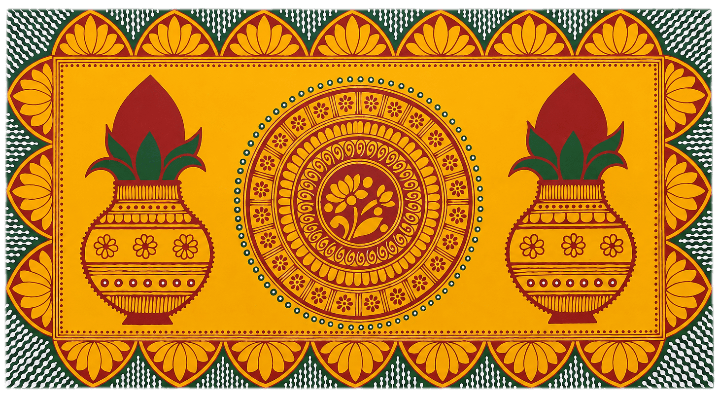 Aipan Wooden Chowki with Kalash and Lotus Motifs in Yellow, Red, and Green