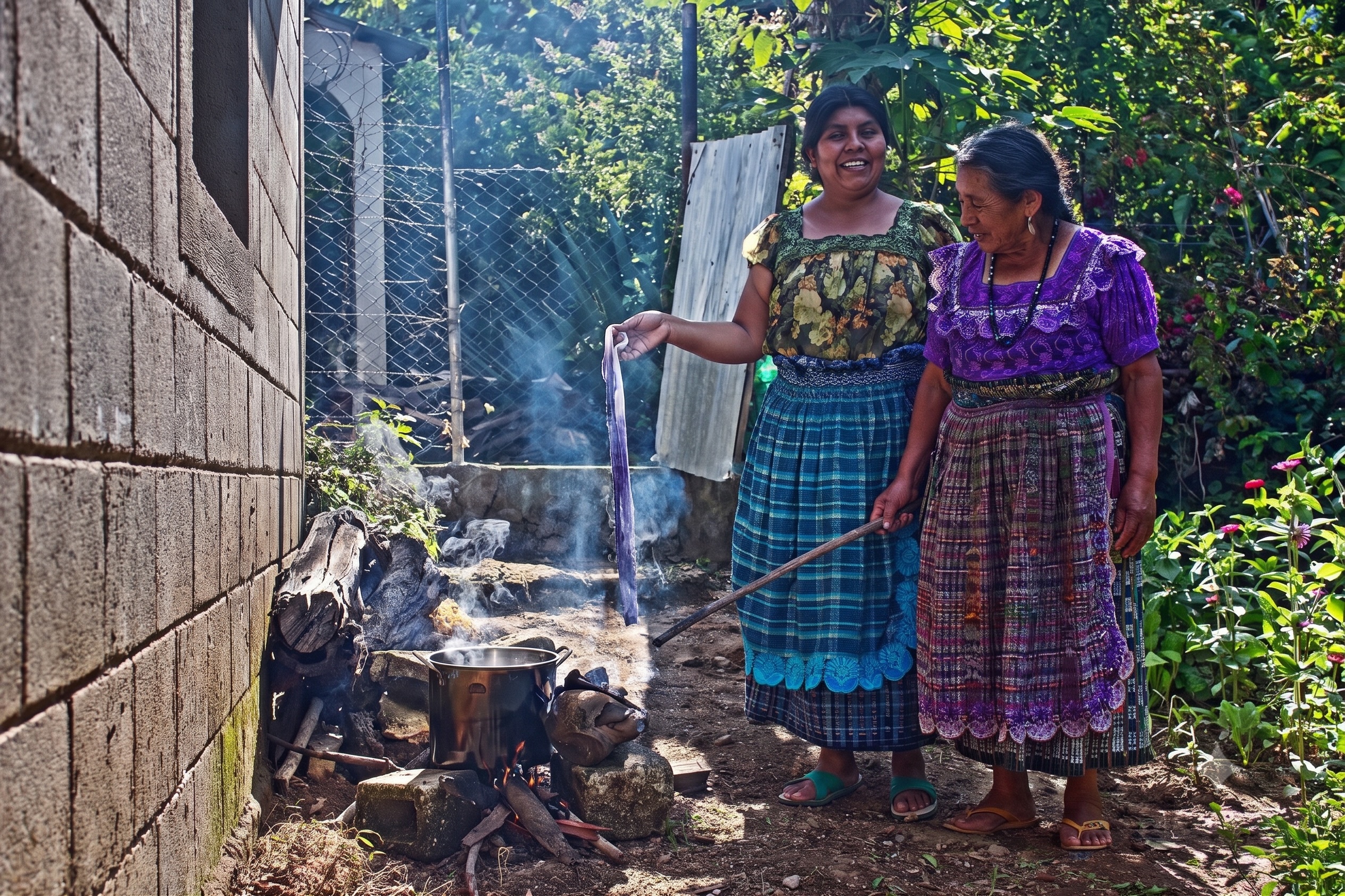 Two Tz'utujil Maya women from Asociación Lema' stand beside a wood fire, lifting freshly dyed fabric from a pot — a scene from responsible documentary storytelling in San Juan la Laguna, Guatemala.