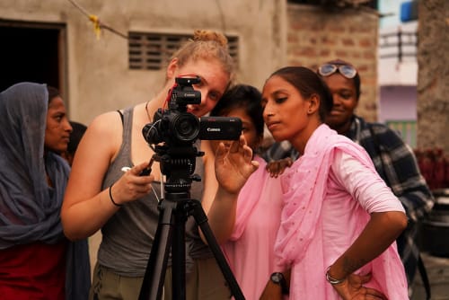 Filming with a women's sewing cooperative, India