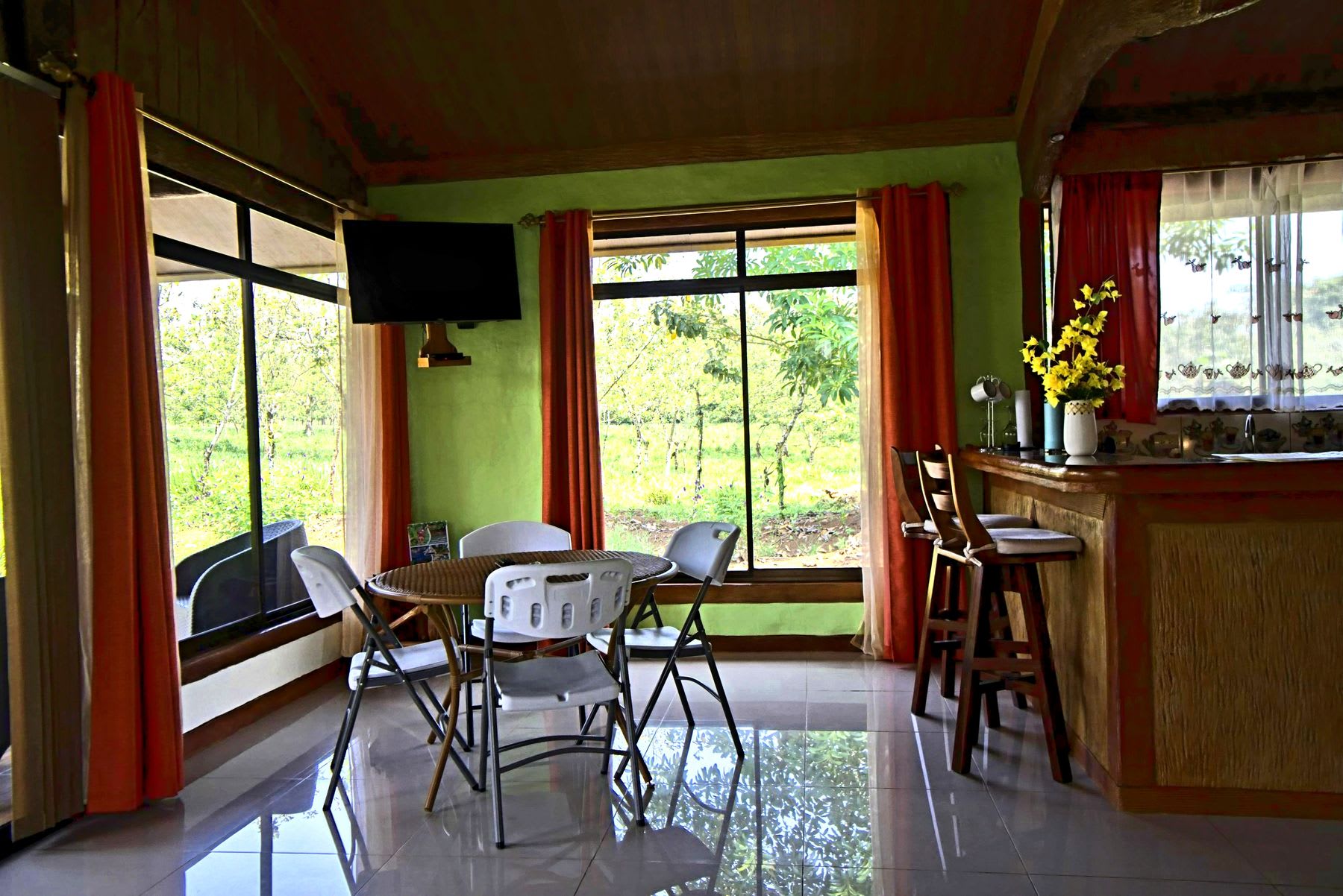 Dining area with a garden view.