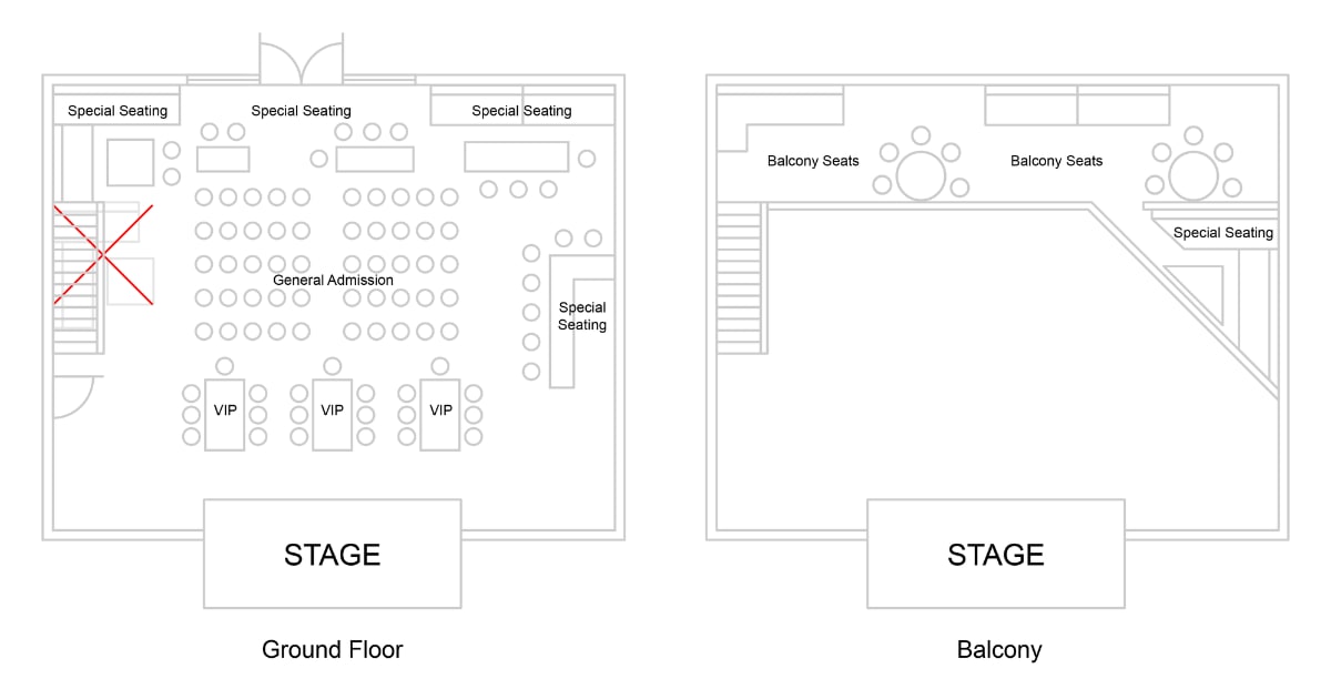 The image shows a two-level venue floor plan with a Ground Floor and a Balcony facing a central stage. The ground floor contains VIP tables, a General Admission area, and perimeter Special Seating, wi
