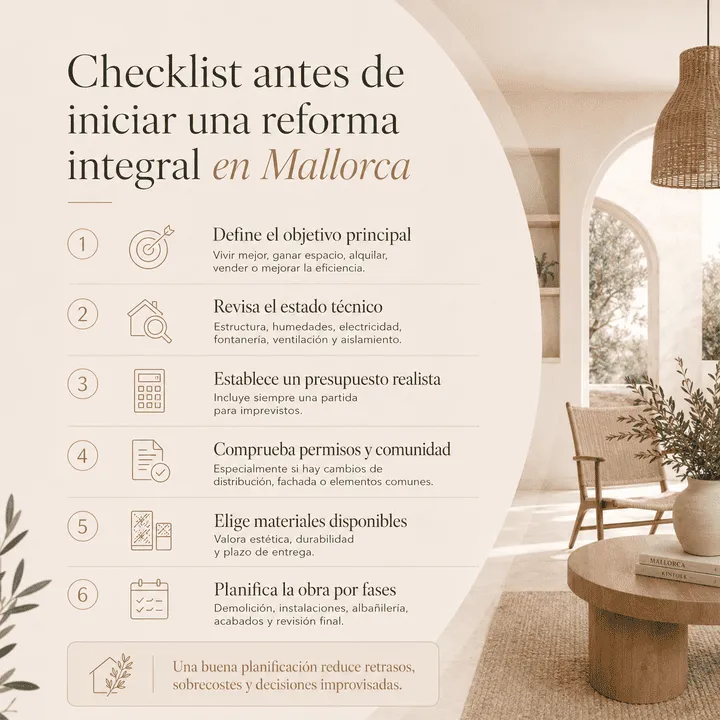 Checklist con pasos clave antes de iniciar una reforma integral en Mallorca