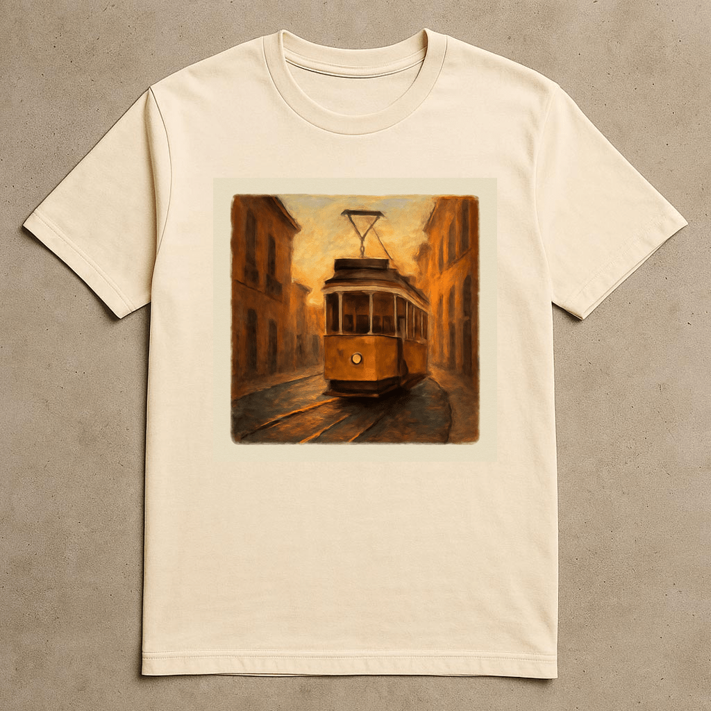 A cream t-shirt with an AI-generated painting of a fox reading a newspaper on the subway