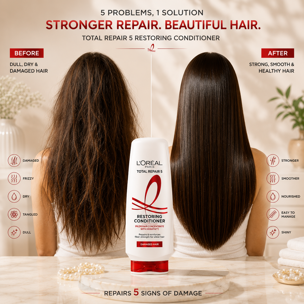 L'Oréal Paris Total Repair 5 Conditioner for Damaged Hair | Powered by Keratin XS Technology | Fights 5 Signs of Hair Damage | 340ml