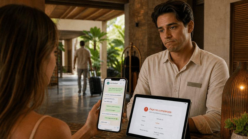 Comparativa de interfaces de chatbot en un smartphone, mostrando una alternativa a HiJiffy adaptada para el mercado hotelero de América Latina.
