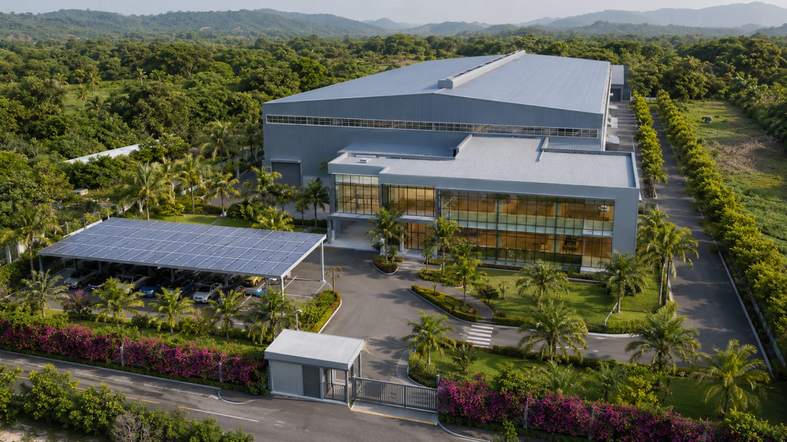 Concepto: planta de manufactura con oficinas corporativas